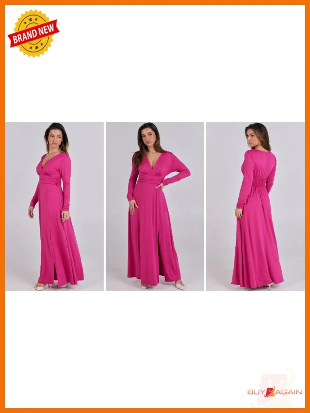Women Deep V Neck Long Sleeve Maxi Dress Side Slit Formal Wedding Guest